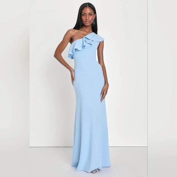 Lulus Last Forever Powder Blue One-Shoulder Ruffle Maxi Dress Wedding Party Prom - Picture 2 of 10